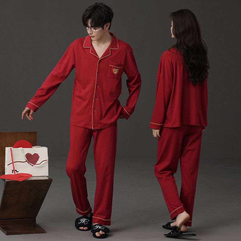 红色新婚家居服套装女春秋款带胸垫