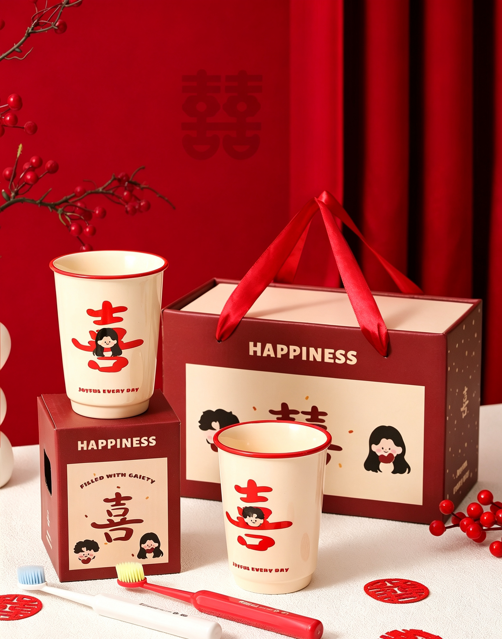 新婚红色洗漱杯一对 结婚情侣漱口杯陪嫁牙具套装