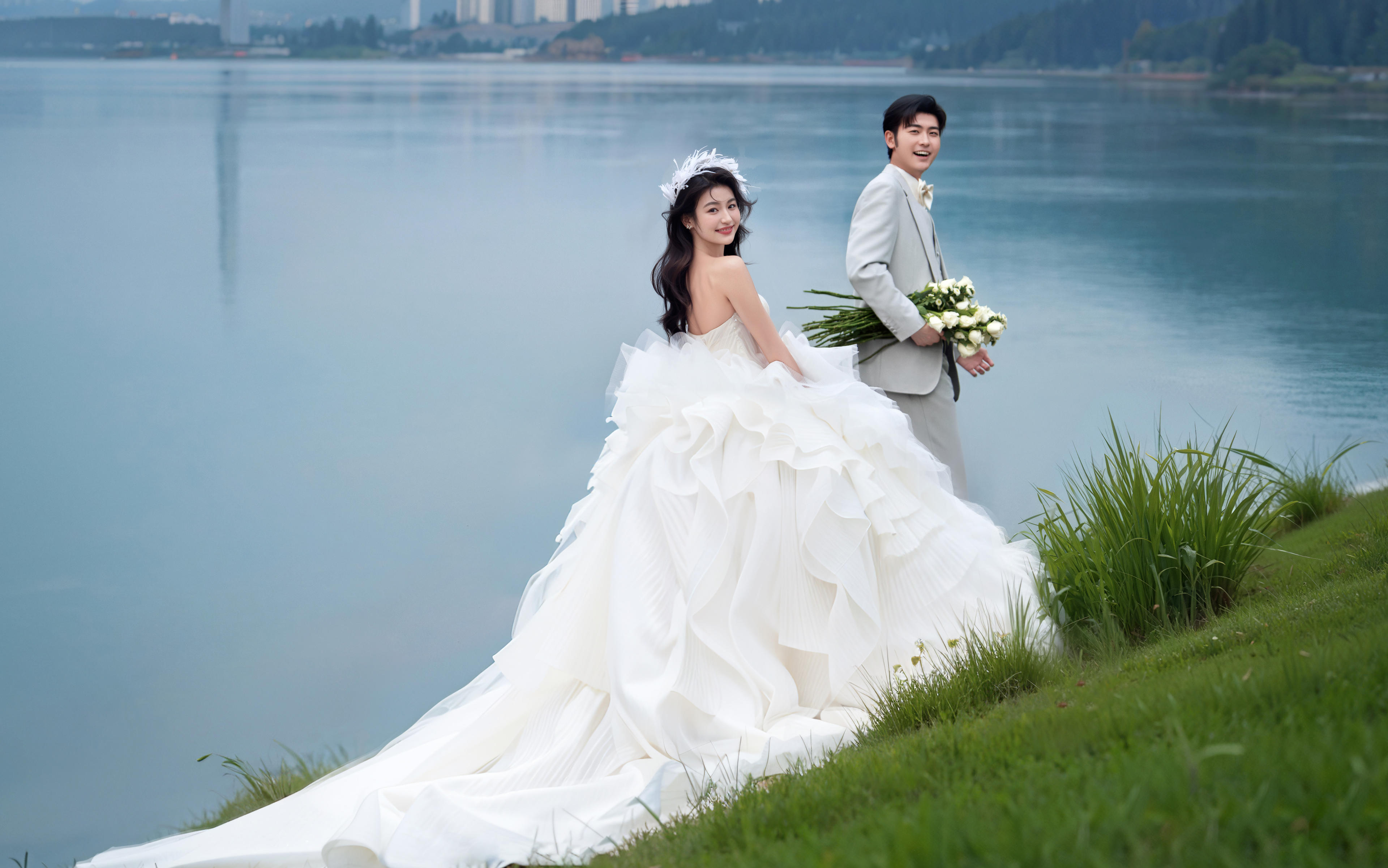 沦陷了！氛围感超好的浪漫江边婚纱照