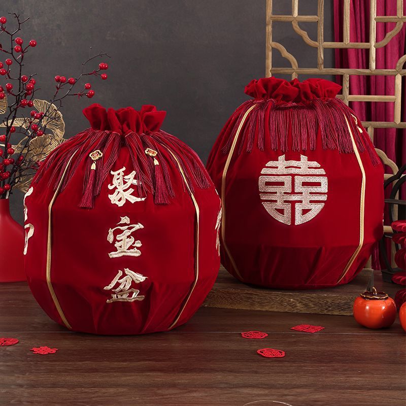 結(jié)婚包袱皮刺繡束口福袋女方陪嫁聚寶盆抽拉包裹紅布婚慶用品大全