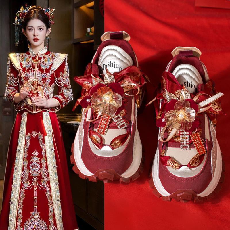 紅色漢服秀禾婚紗兩穿平底厚底增高老爹鞋