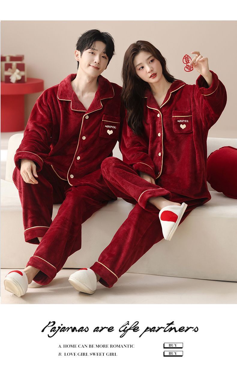 秋冬季法蘭絨紅色情侶睡衣