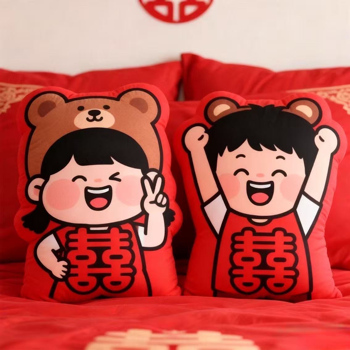 可爱压床娃娃一对结婚婚房布置喜娃红色抱枕嫁妆玩偶
