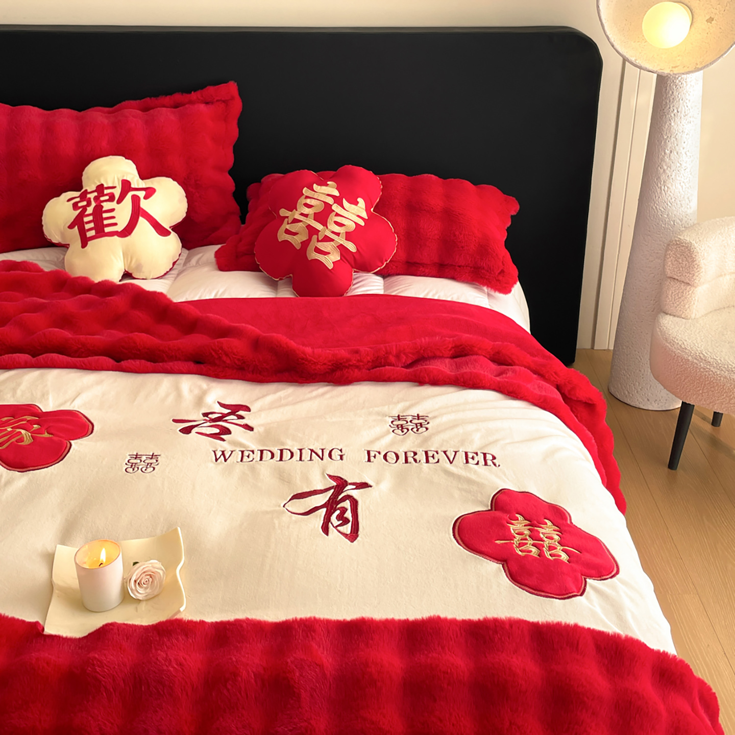新款婚庆兔毛绒多功能毛毯被套两用豆豆被