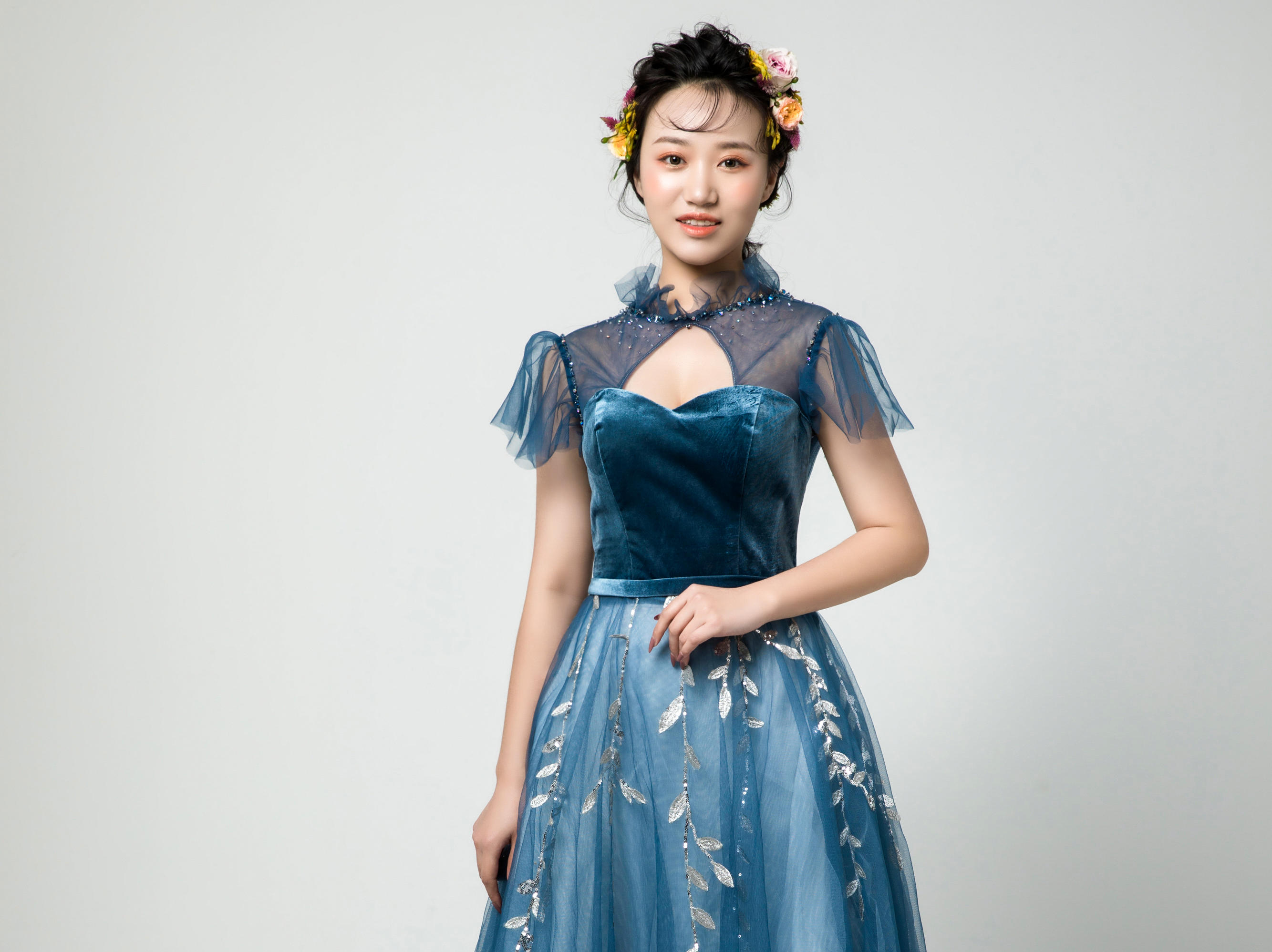 【VANSTAR】高腰A森系甜美深蓝色敬酒礼服