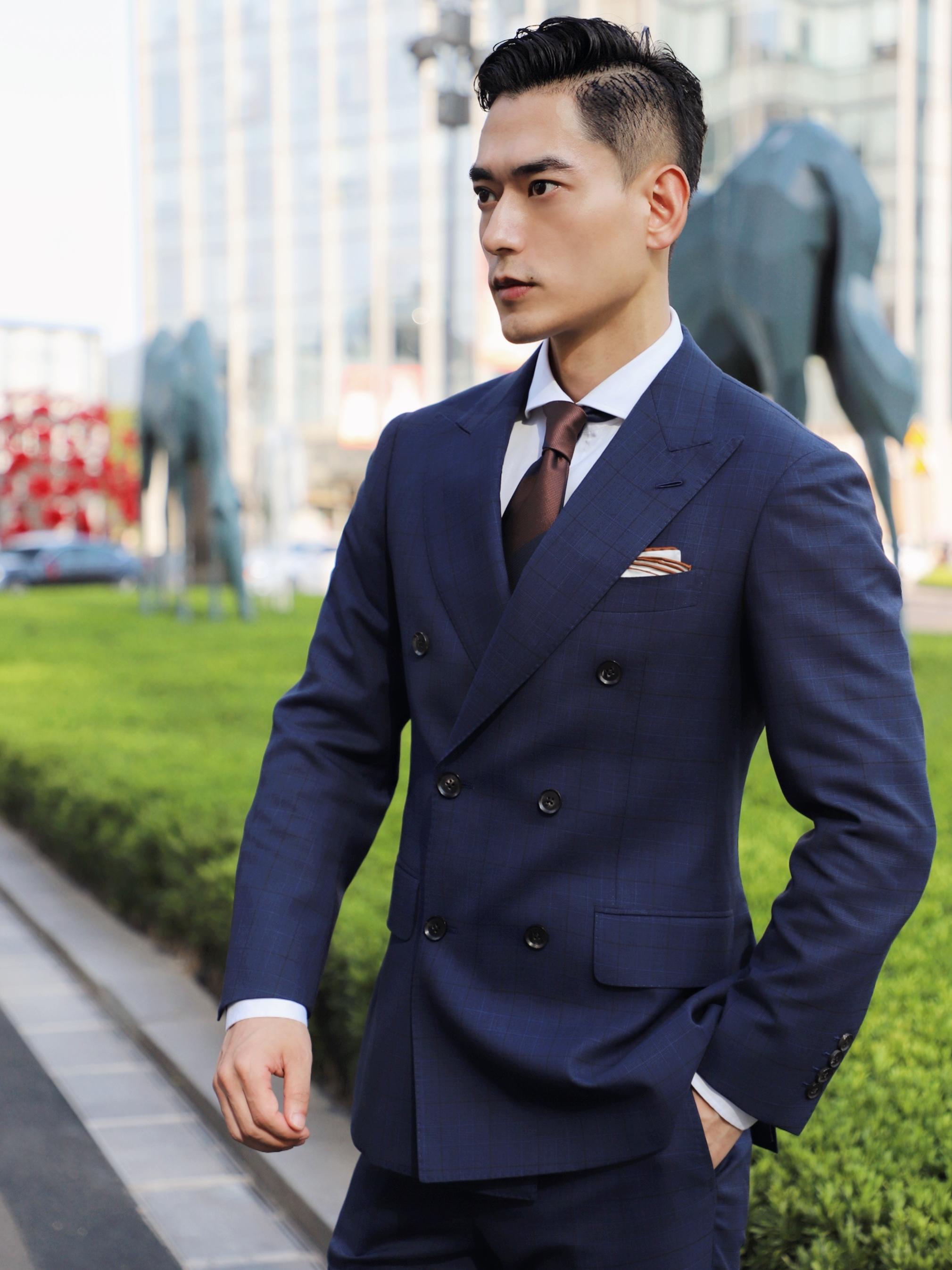 婚礼西服|商务男士|蓝色格纹西装租赁