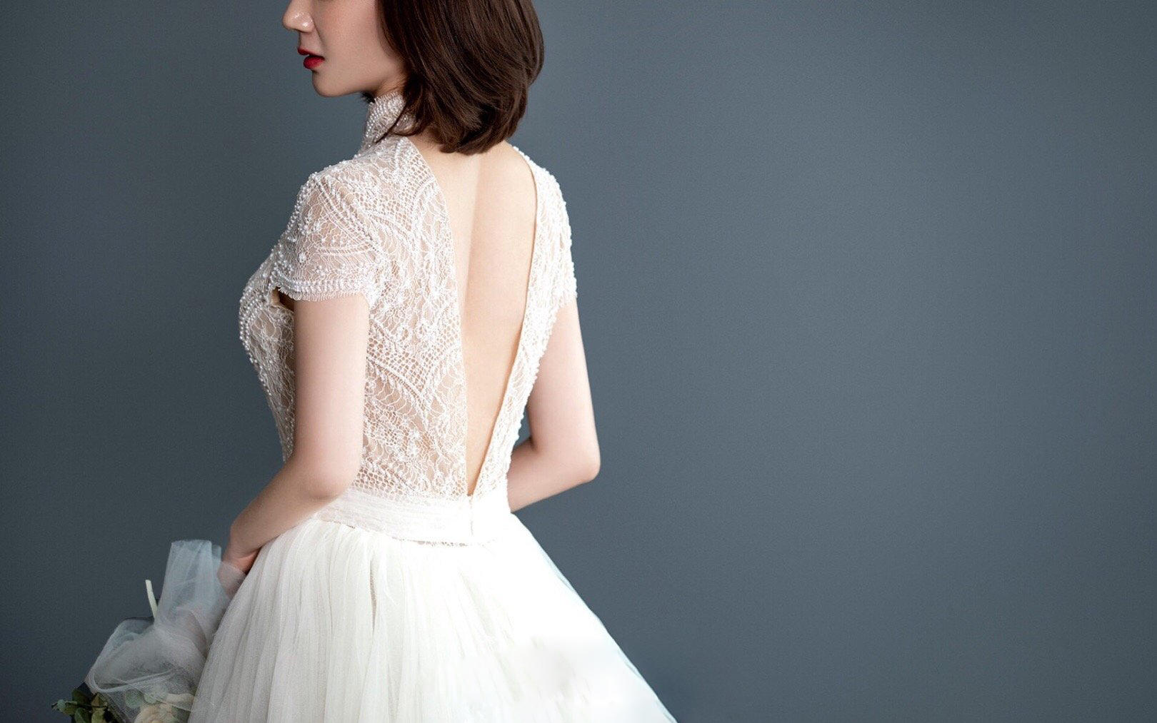 法式轻复古立领赫本优雅拖尾