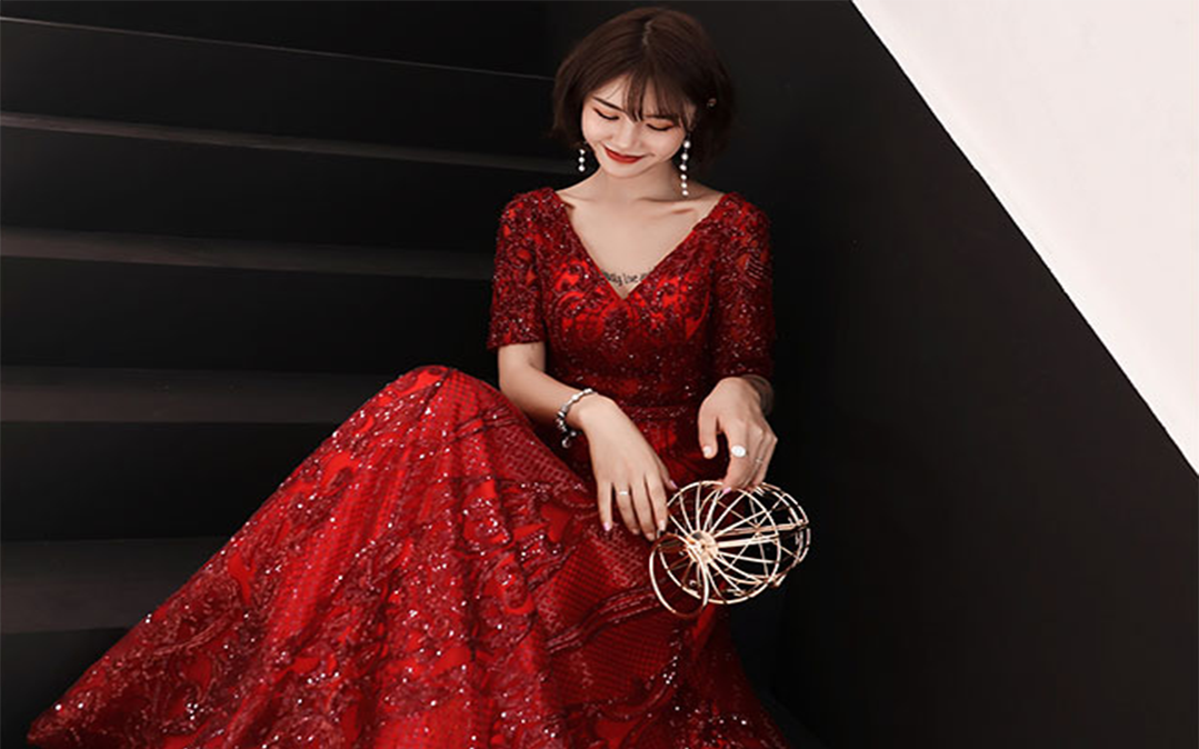 敬酒服长气质红色回门订婚宴会晚礼服