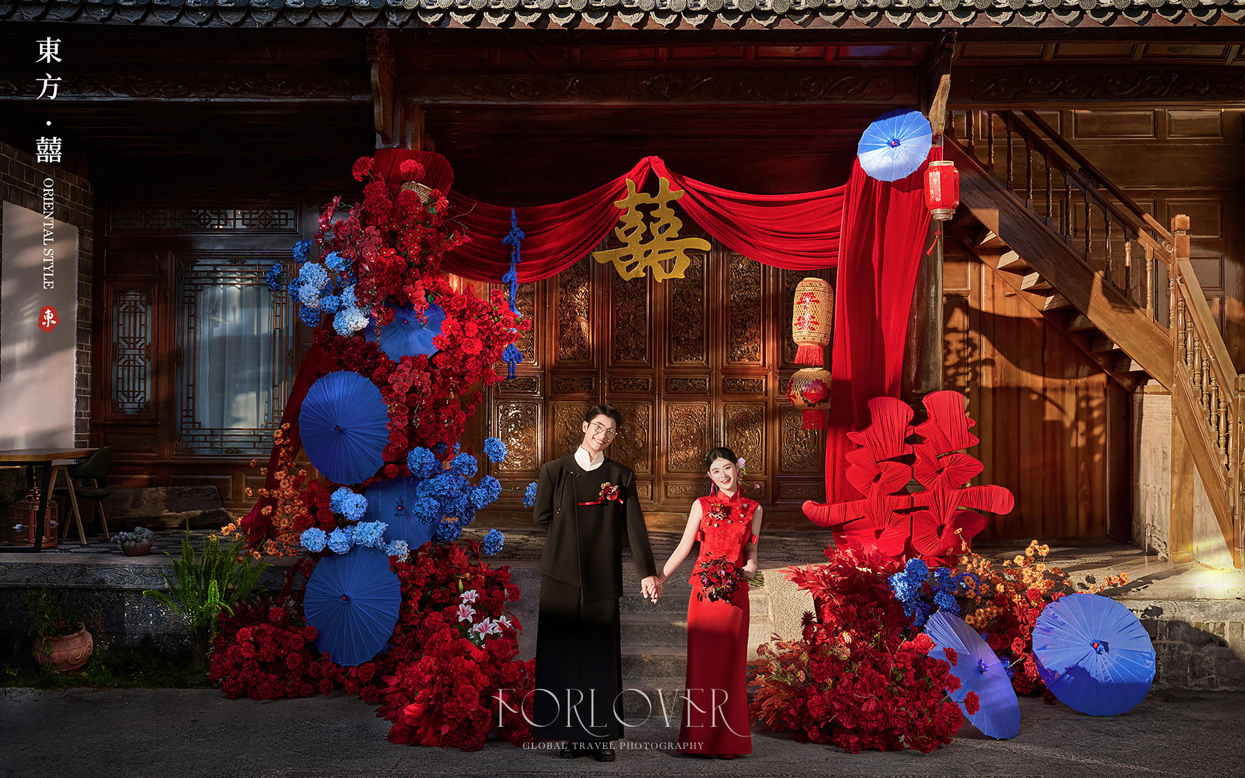 秀禾红伞映庭院，古韵唯美婚纱照