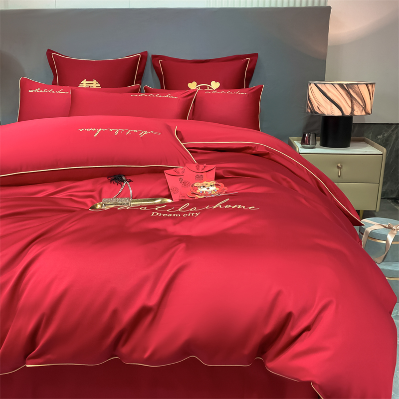 新款水洗磨毛刺繡四件套婚慶系列959611（床單+被套+2個(gè)枕套））