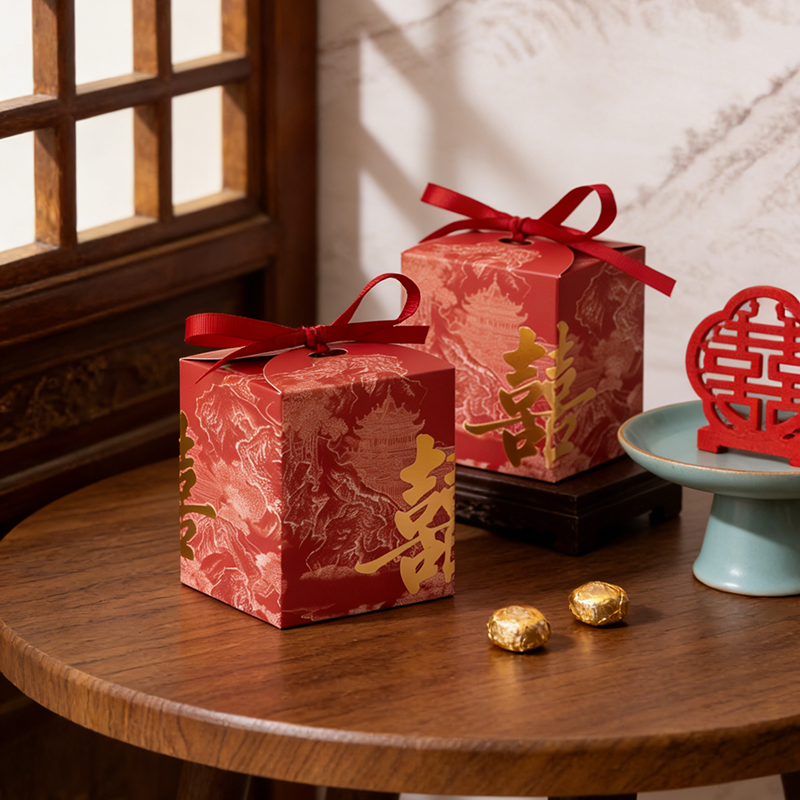 50个喜糖盒红色喜字方形8cm*8cm*9.5cm