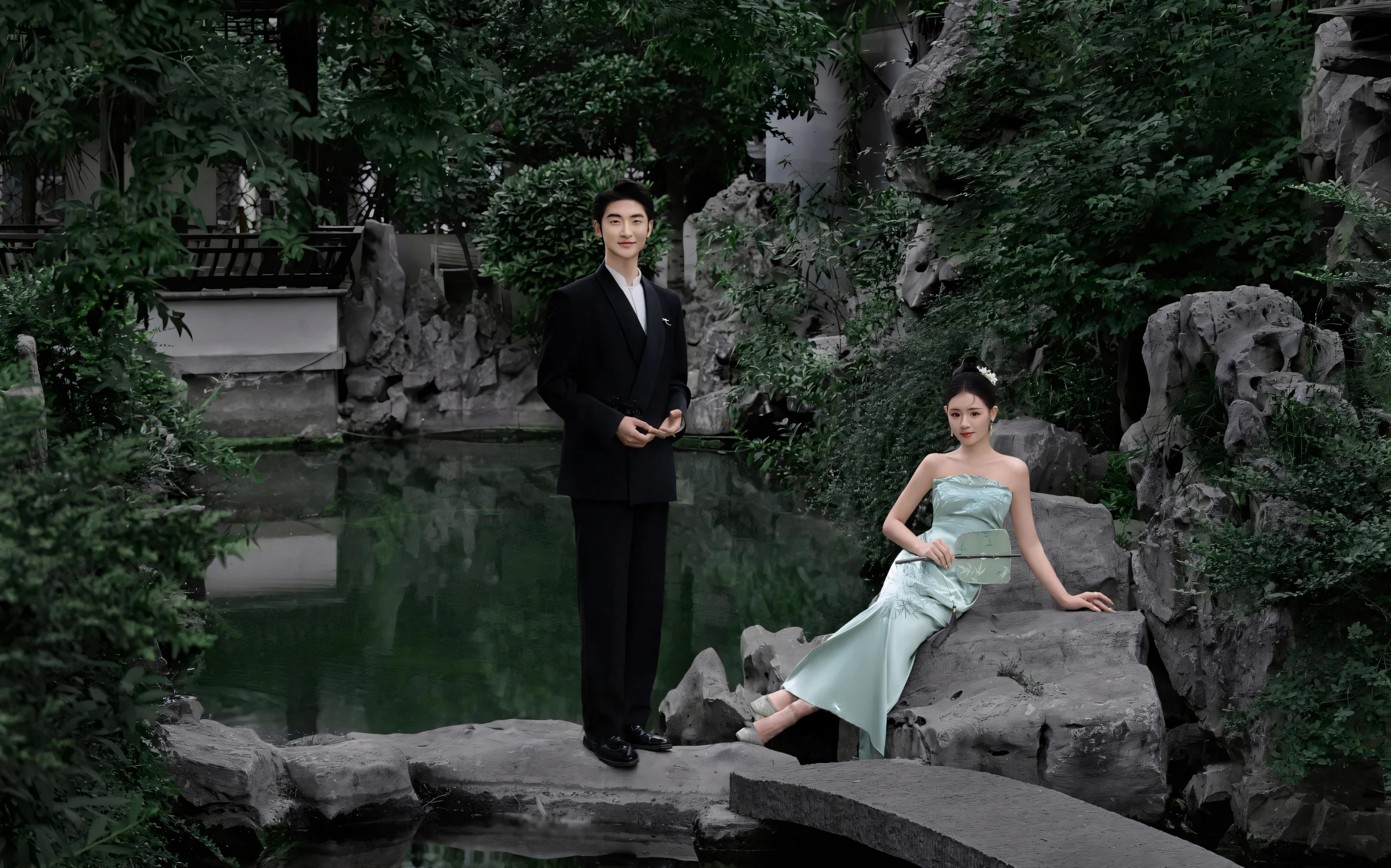 清冷感的新中式园林婚纱照