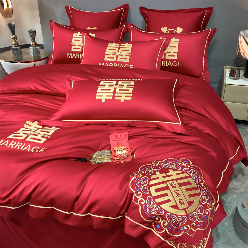 新款水洗磨毛刺繡四件套婚慶系列959611（床單+被套+2個(gè)枕套））