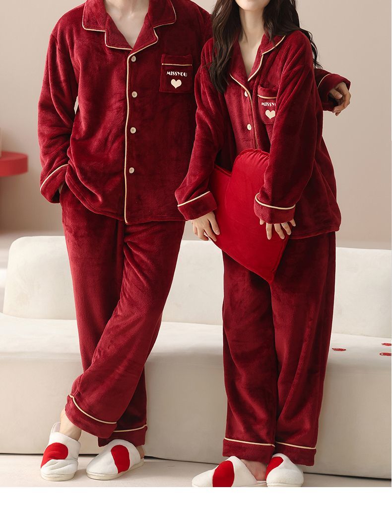 秋冬季法蘭絨紅色情侶睡衣
