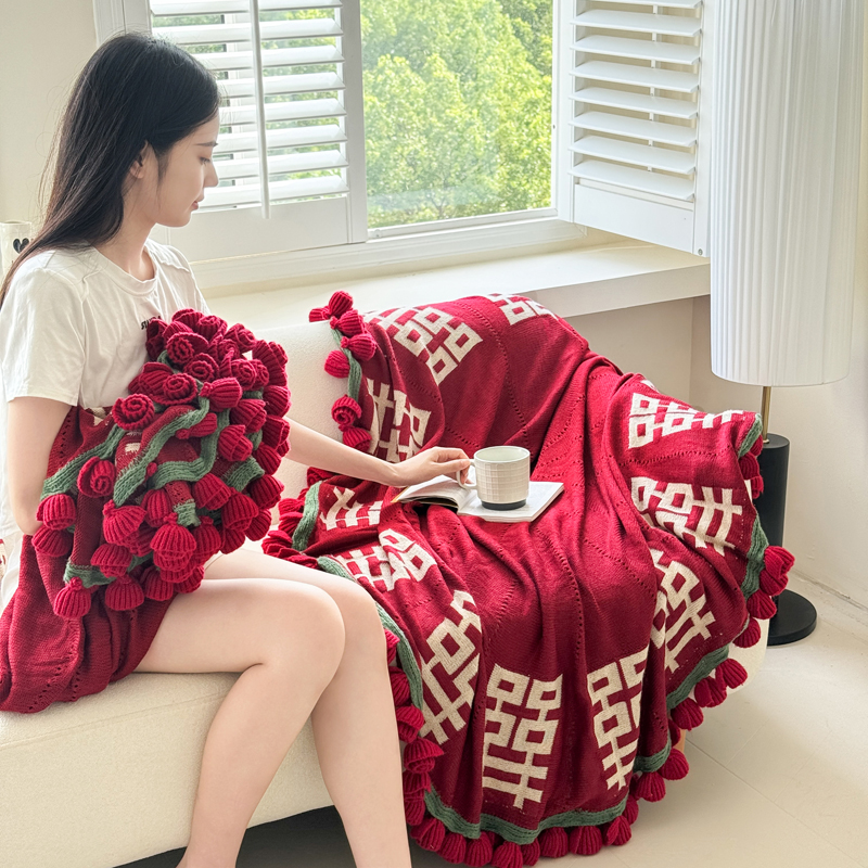 新款结婚订婚红双喜玫瑰花花束针织毯毛毯披肩盖毯