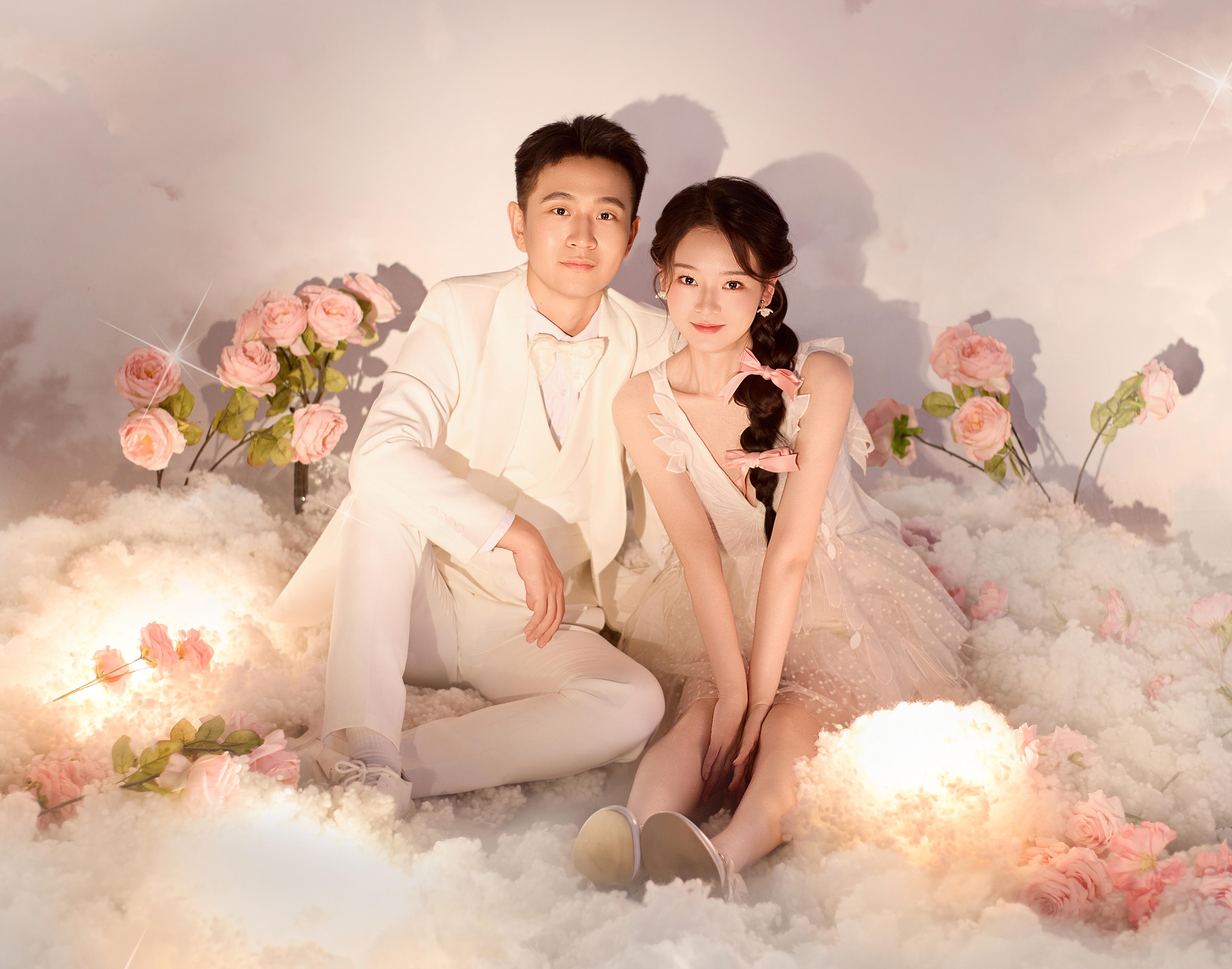 甜妹基因响了💕粉色棉花云婚纱照