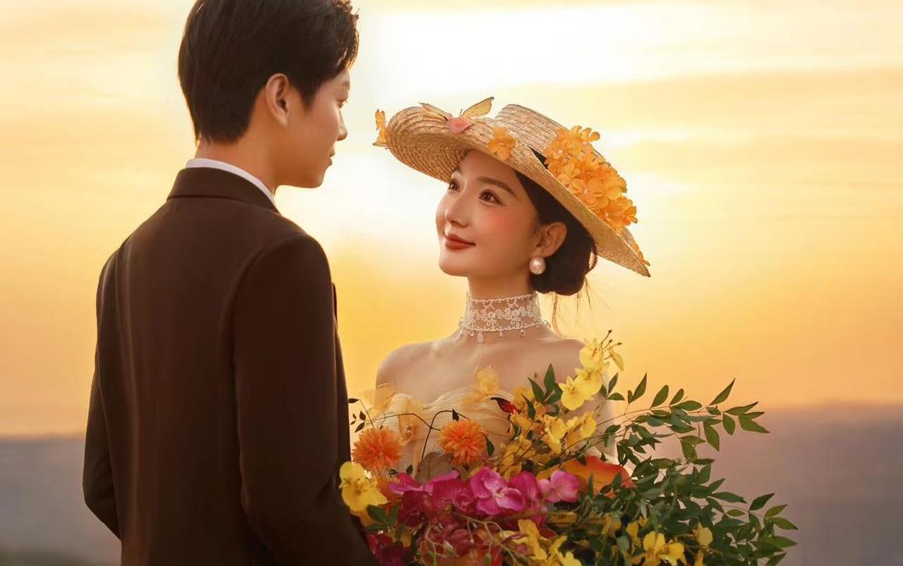 夕陽(yáng)下的法式婚紗照