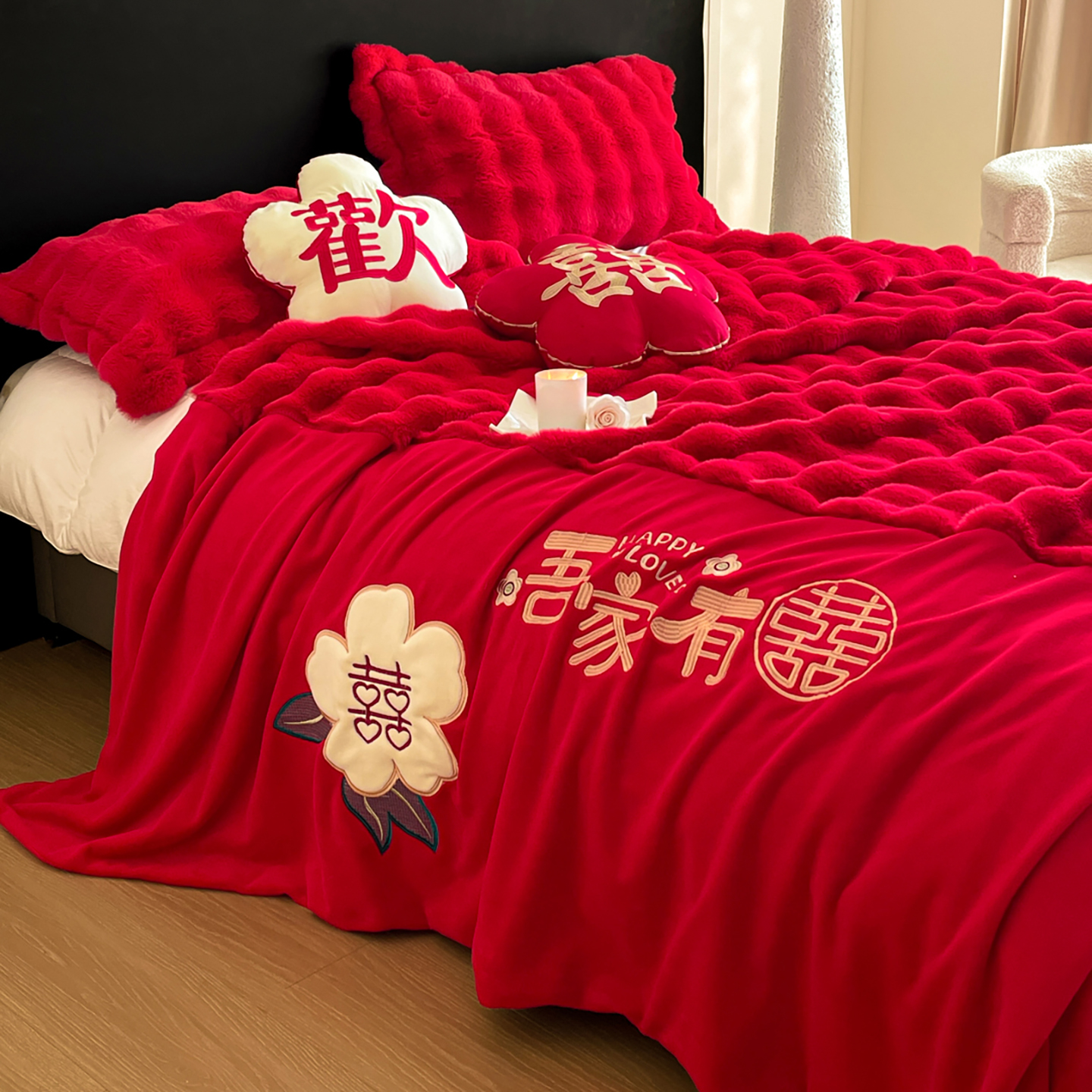 新款婚庆兔毛绒多功能毛毯被套两用豆豆被