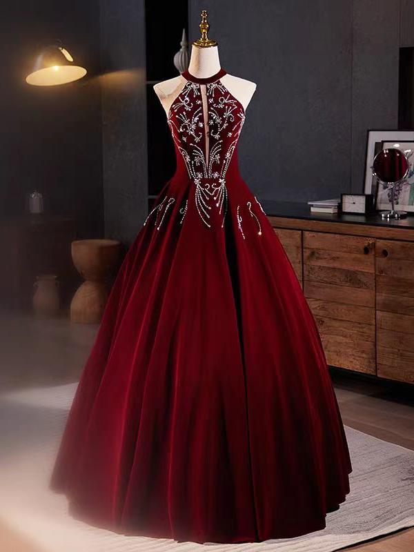 红色丝绒敬酒服高贵轻奢小众挂脖显