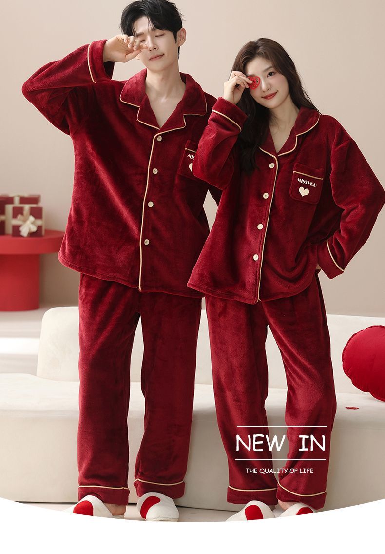 秋冬季法蘭絨紅色情侶睡衣