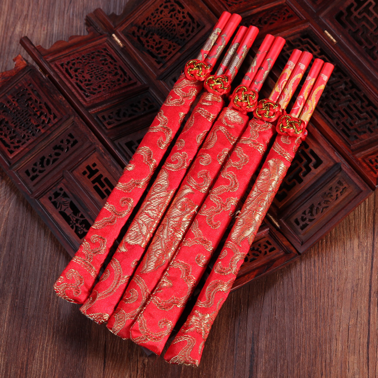 婚慶用品結婚回禮一對龍鳳喜筷子紅木筷子餐具布袋禮品筷子批發