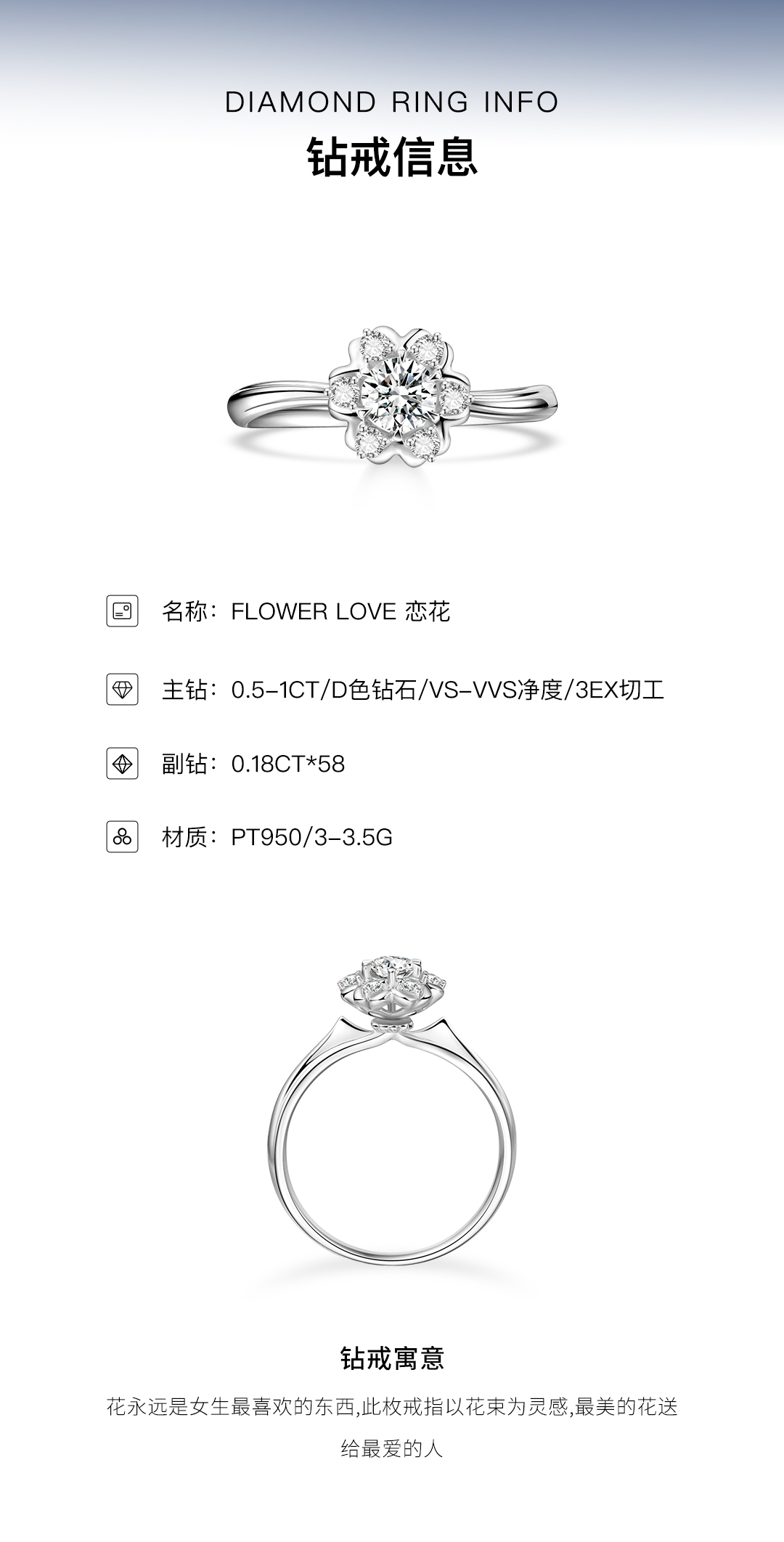 SHINEKEY 光钥 FlowerLove恋花 Pt950钻戒 精选D色克拉钻