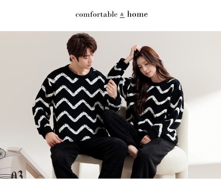 瑚绒情侣睡衣秋冬季红色结婚新婚套装女士保暖半边绒男士家居服