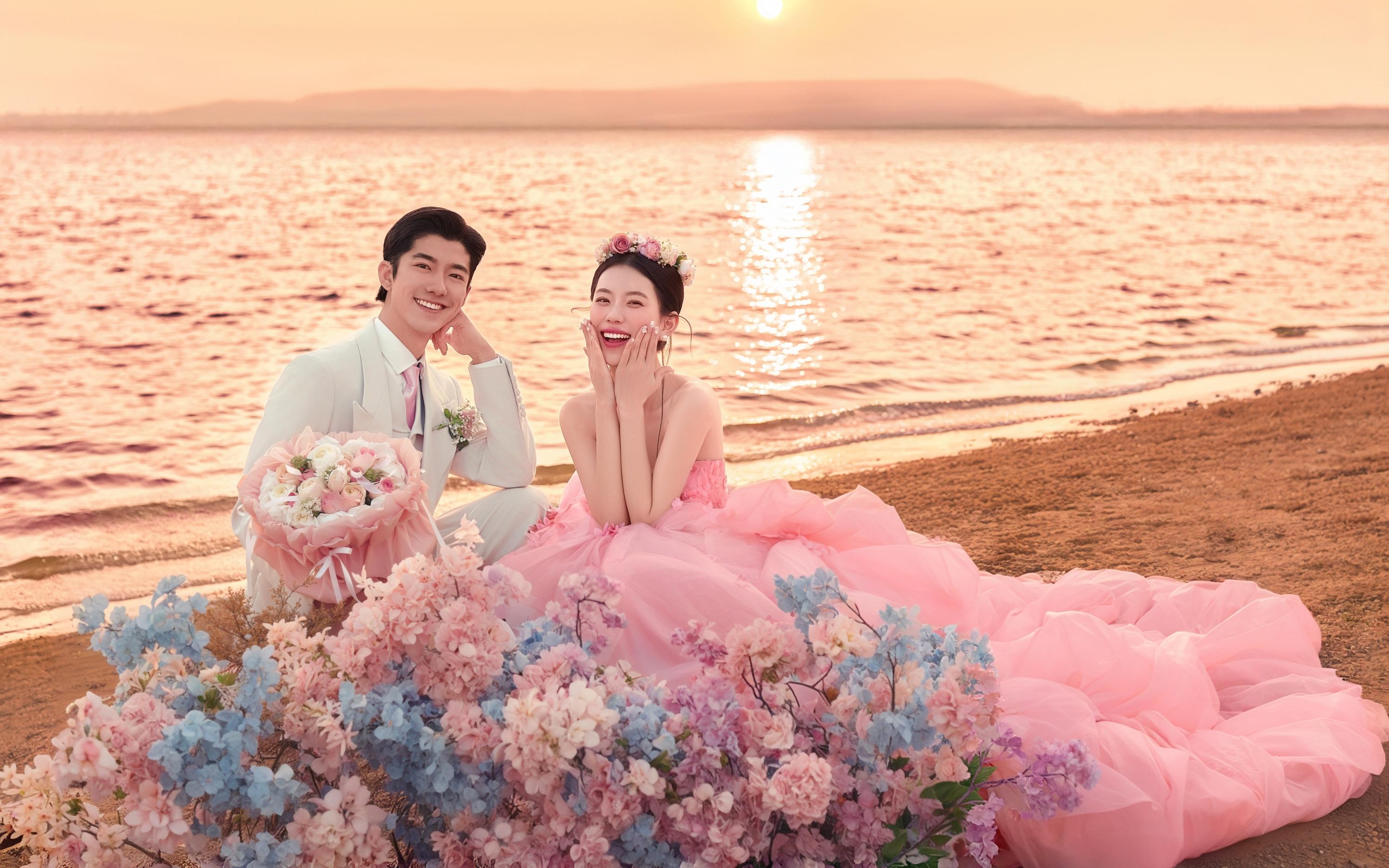 超浪漫的湖边夕阳婚纱照💗