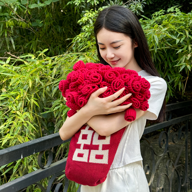 新款结婚订婚红双喜玫瑰花花束针织毯毛毯披肩盖毯