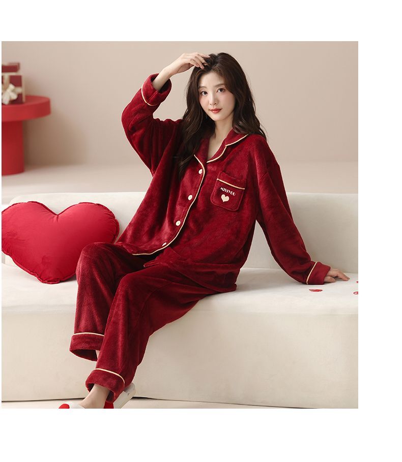 秋冬季法蘭絨紅色情侶睡衣