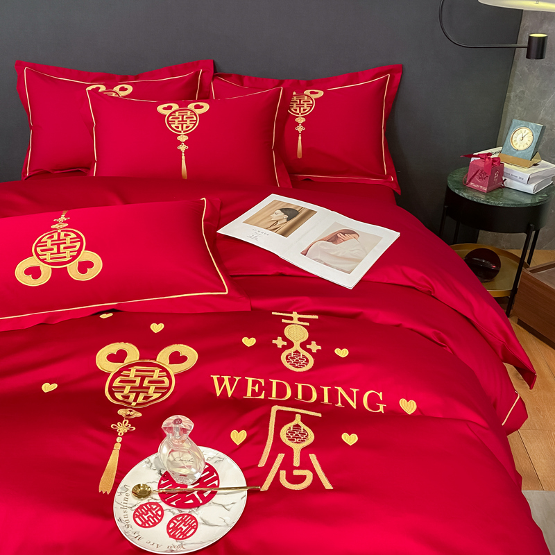 婚慶四件套新中式磨毛刺繡965587（床單+被套+2個枕套）