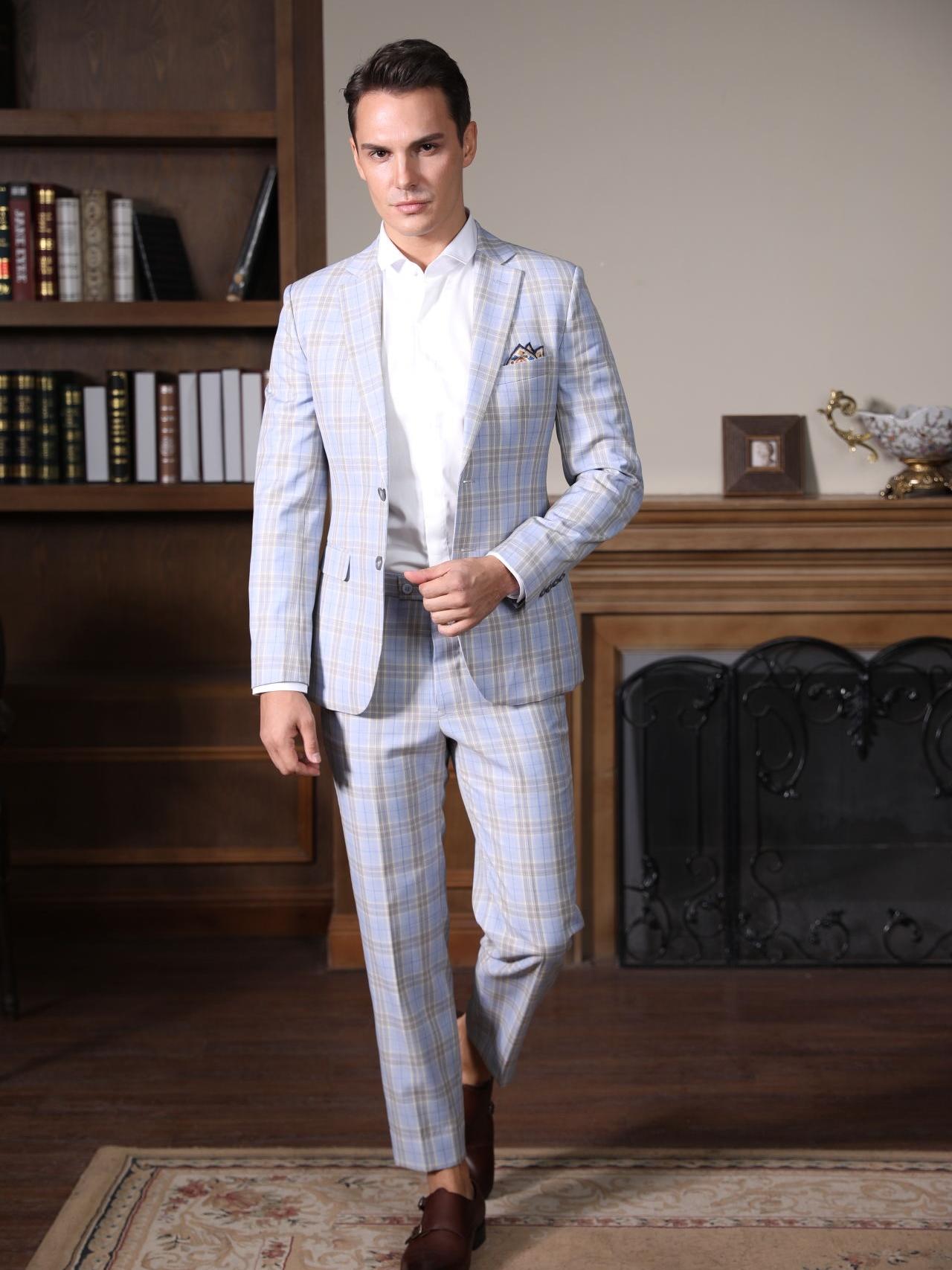 量E定制-浅蓝色时尚格纹私人定制