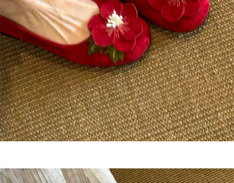 羊皮平底婚鞋 复古红花玛丽珍新娘鞋