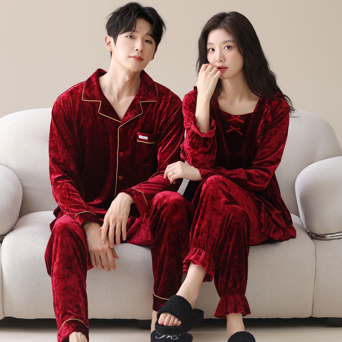 秋冬季钻石金丝绒加厚情侣睡衣