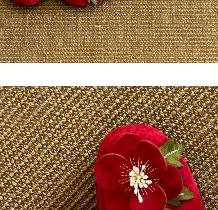 羊皮平底婚鞋 复古红花玛丽珍新娘鞋