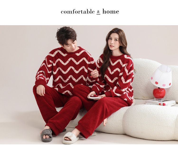 瑚绒情侣睡衣秋冬季红色结婚新婚套装女士保暖半边绒男士家居服