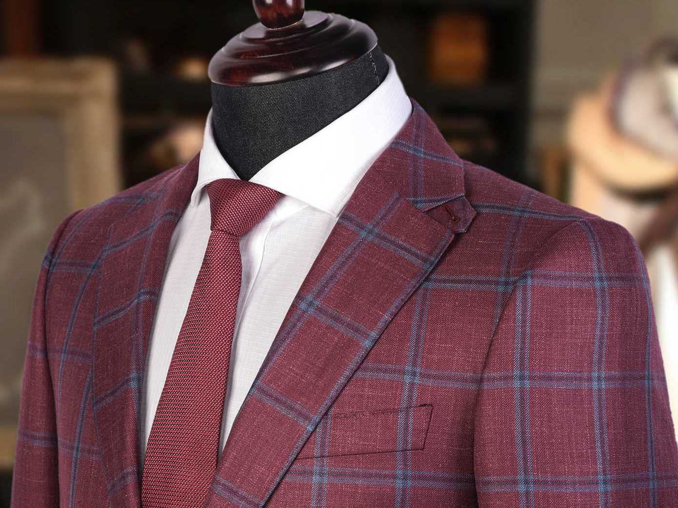 [伽品绅士]红色格纹西装套装五件套