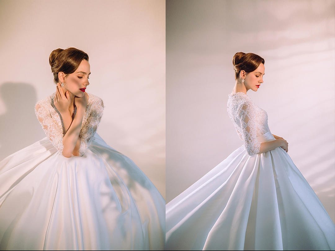 【楼·蘭君】时尚复古蕾丝缎面婚纱超值4件套