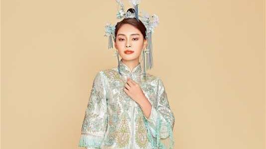 [圣柏莎]蓝色中式百褶秀禾服