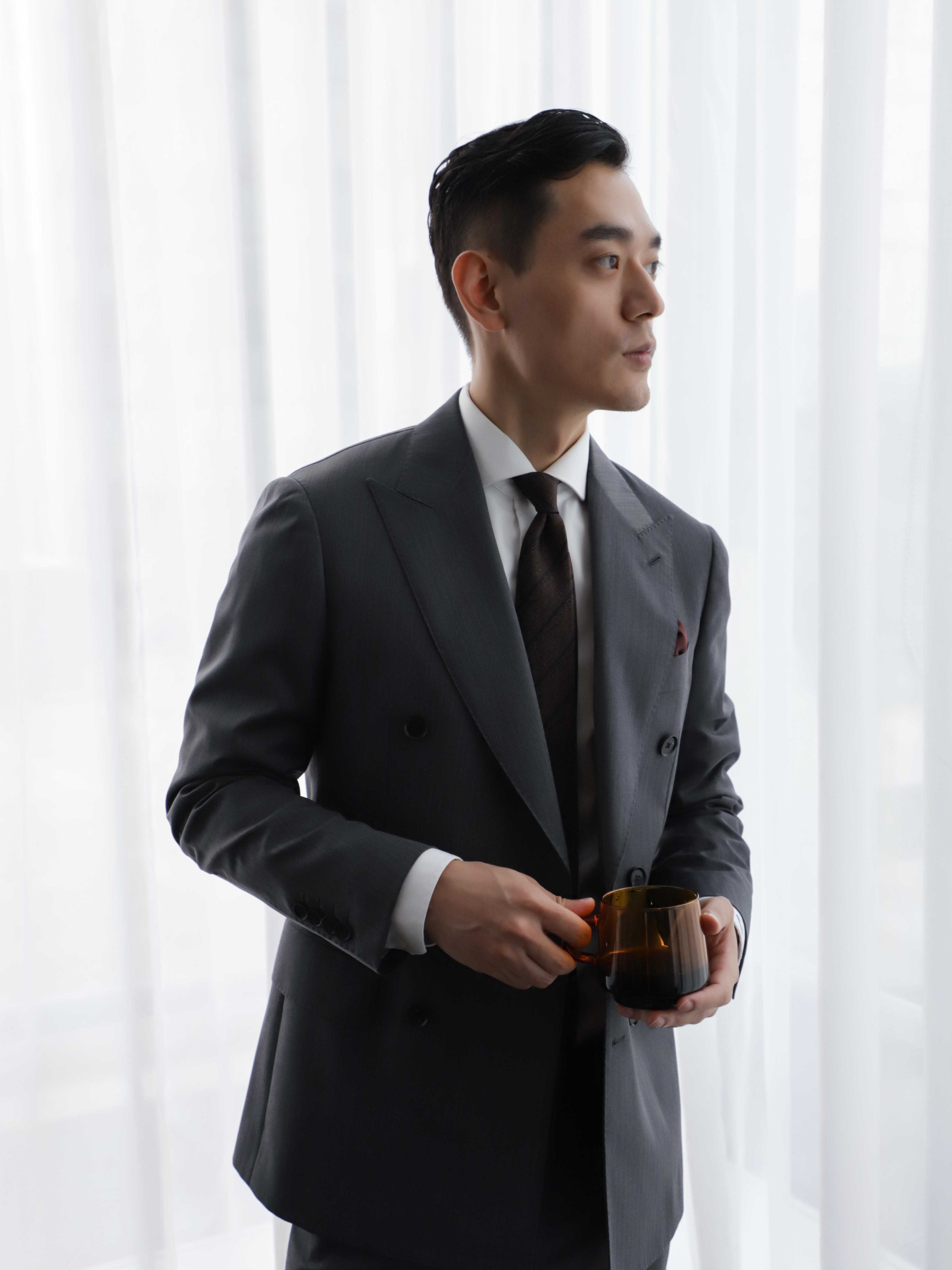 婚礼西服|商务西服|男士灰色人字纹西服