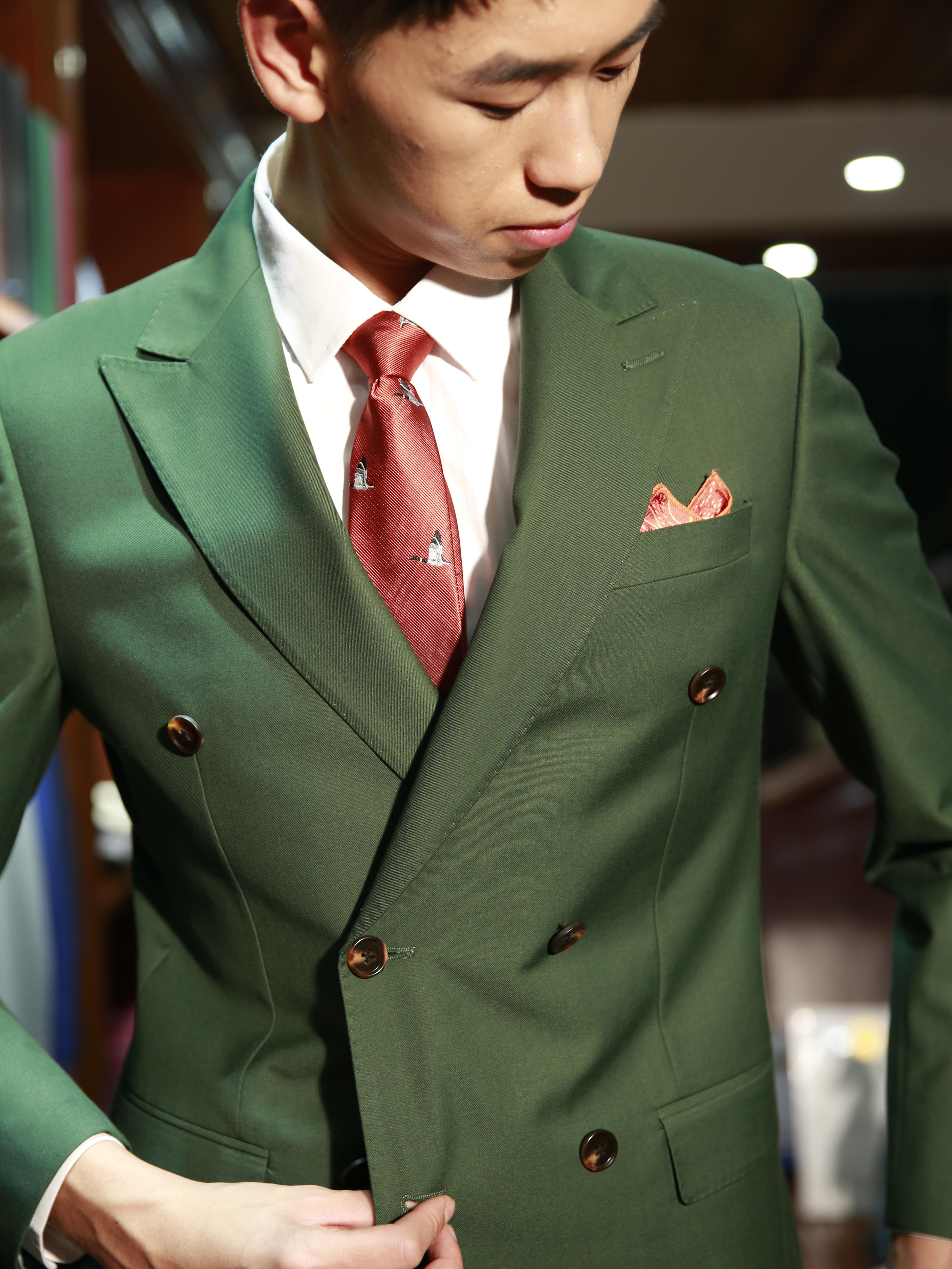 2020时装周复古双排扣纯绿色十件套