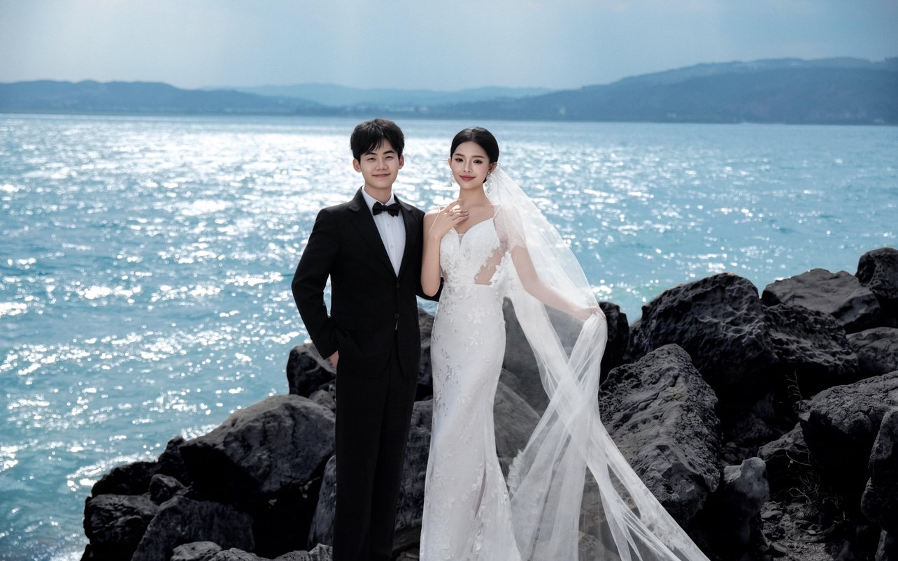 海风吻过头纱爱意疯长｜海景礁石婚纱照