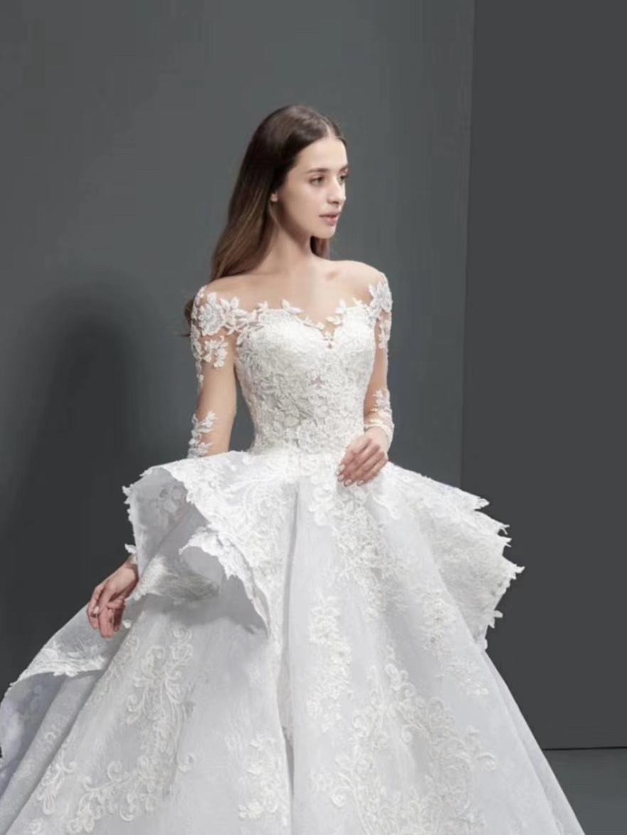 【未蘭婚纱】一字肩蕾丝长袖长拖尾