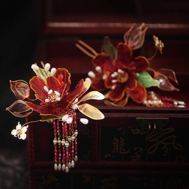 新中式新娘造型~红色造液花新娘头饰