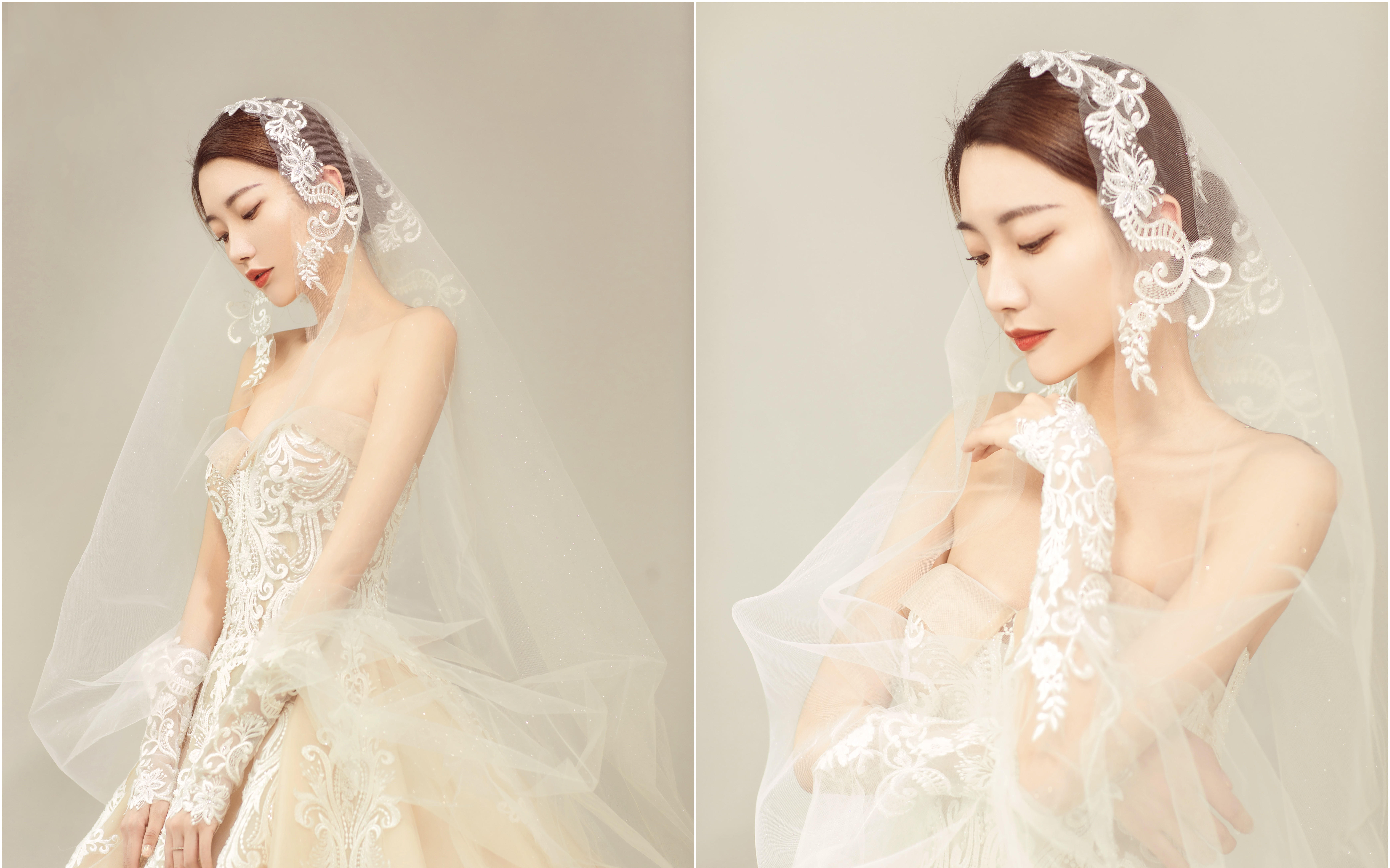 展会新款婚纱气质款长袖浅香槟大拖尾仪式纱