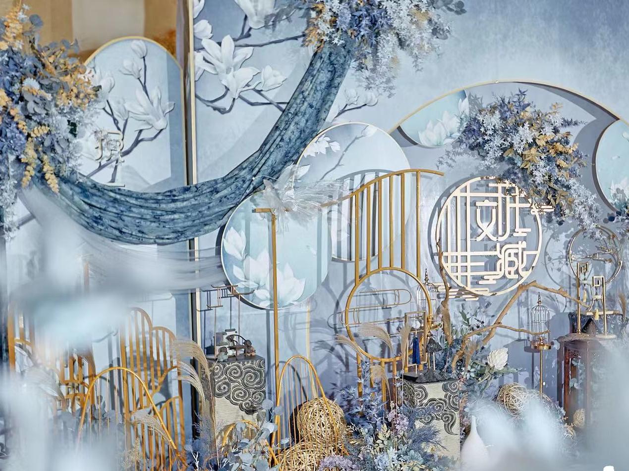 爱兰婷婚礼   蓝色  布幔吊顶  雾霾蓝
