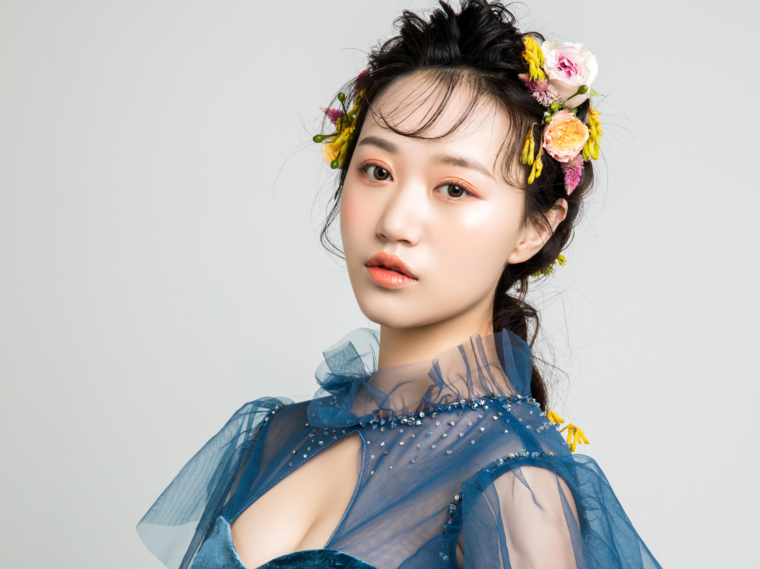 【VANSTAR】高腰A森系甜美深蓝色敬酒礼服