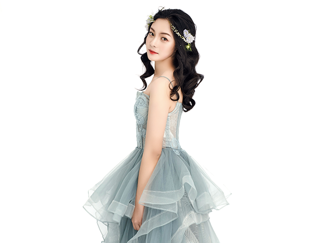 【VANSTAR】莫兰迪色蓝色不规则礼服敬酒服