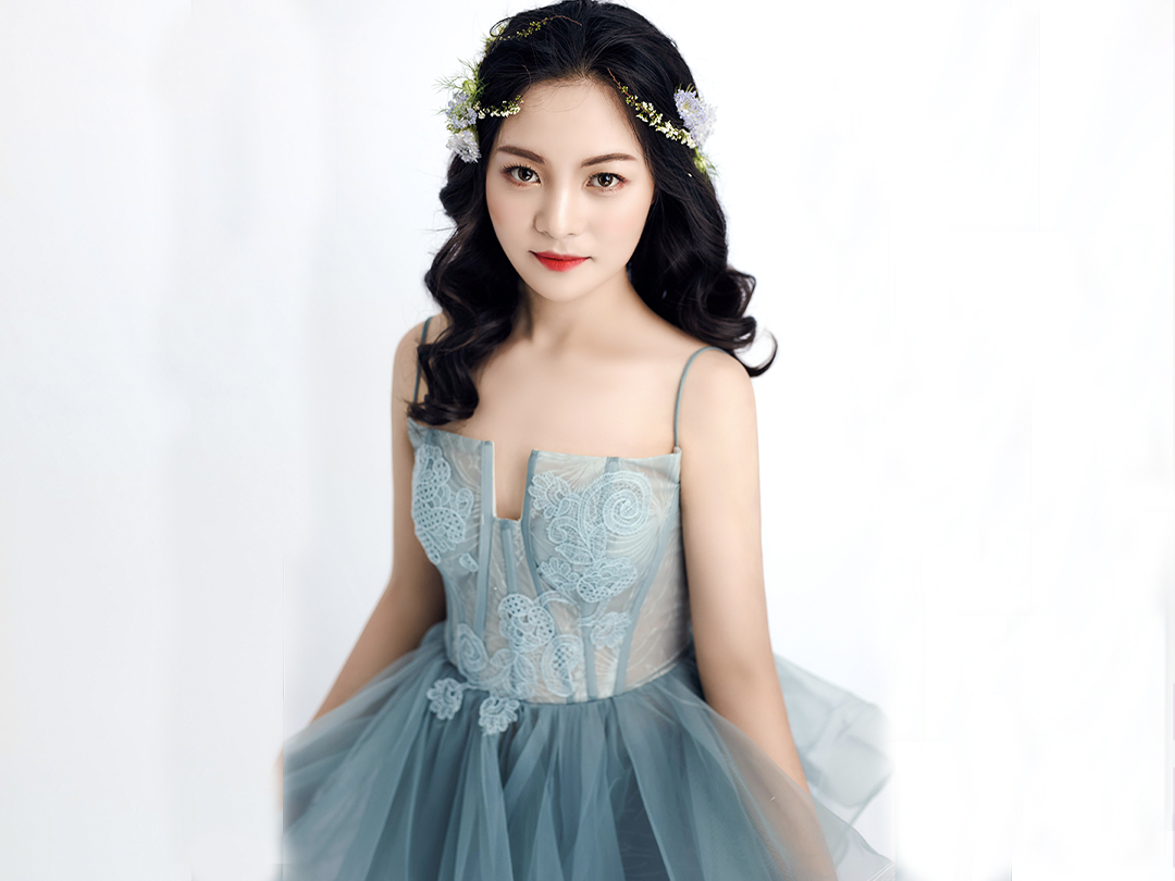 【VANSTAR】莫兰迪色蓝色不规则礼服敬酒服