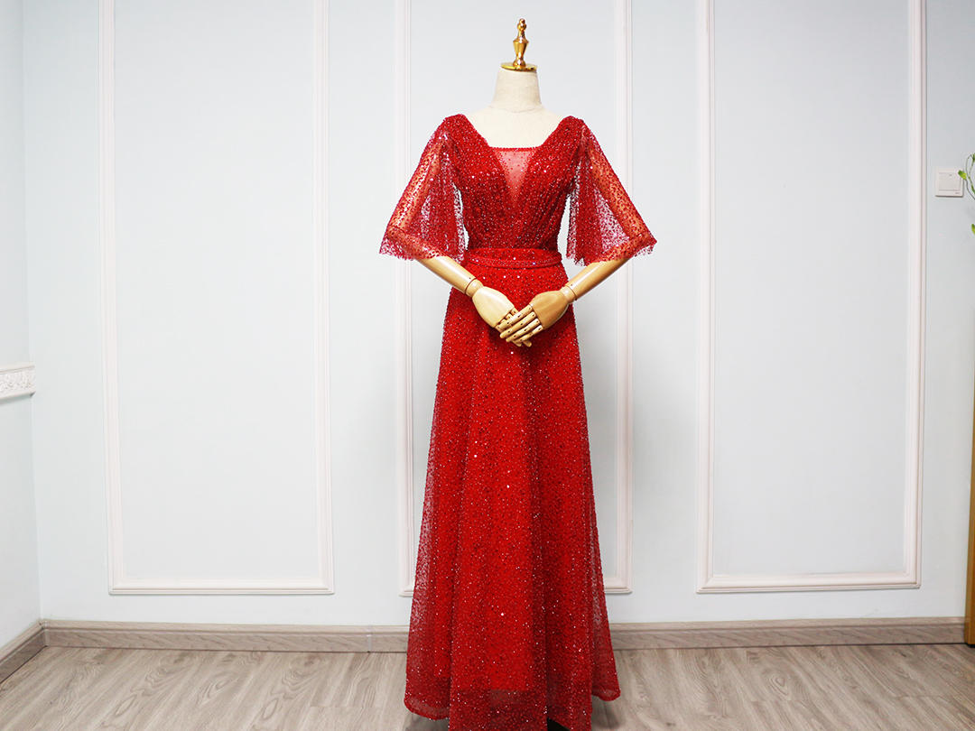 【礼服出售】琦瑞诗红色重工钉珠深V礼服